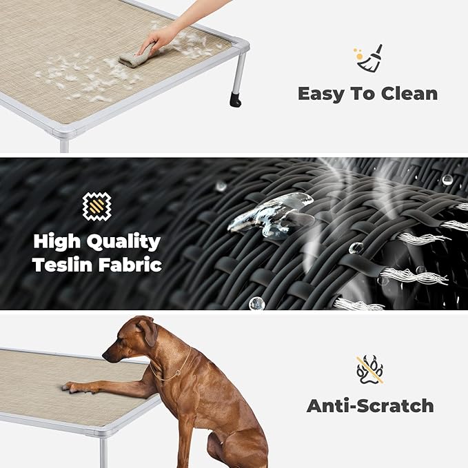 Veehoo Chewproof Elevated Dog Bed - Cooling Raised Pet Cot, Breathable Mesh, Washable & Non-Slip for large Dogs, Indoor/Outdoor, Beige Coffee Mat and Silver Metal Frame, 49x33inches (Model CWC2203B03)