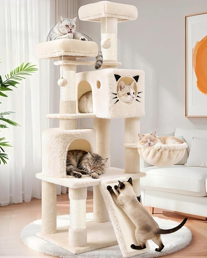 66in Multi-Level Large Cat Tree Tower for Indoor Cat/Kitties, Mordern Cat Tower with Sisal Scratching Posts, Condos and Hammock, Perches, Ramp for Climbing Heavy Duty