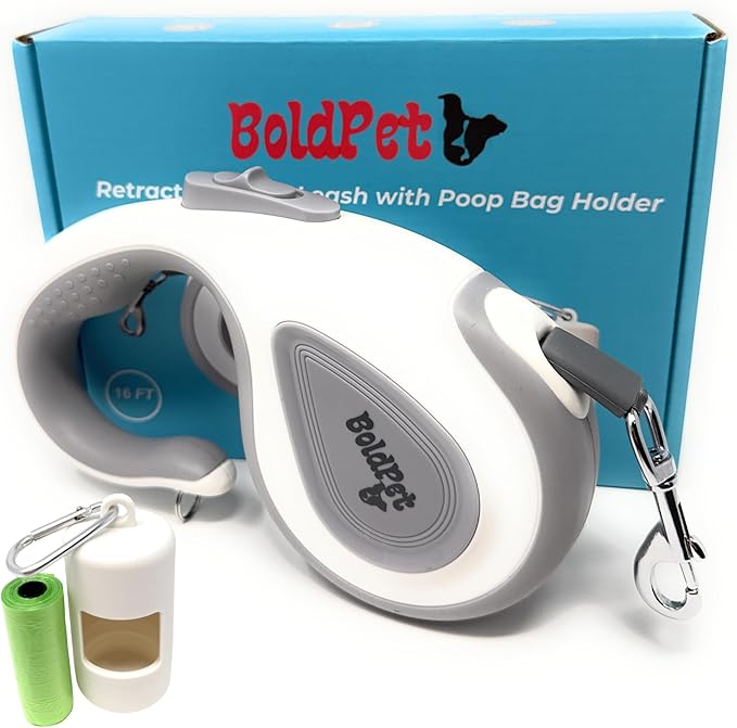 Retractable Dog Leash with Poop Bag Holder-16 Ft Long Retractable Dog Leash for Medium to Large Dogs -Anti-Slip Handle-360°Tangle-Free- Easy Brake Control- Eco Friendly Poop Bag Dispenser