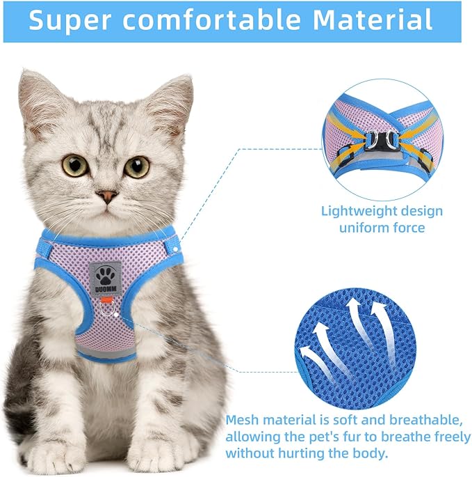 Cat Vest Harness and Leash Set for Walking Escape Proof, Adjustable Kitten Harness Breathable Mesh with Reflective Strips Harness for Kitty Puppy Bunny (Pink and Blue,S)