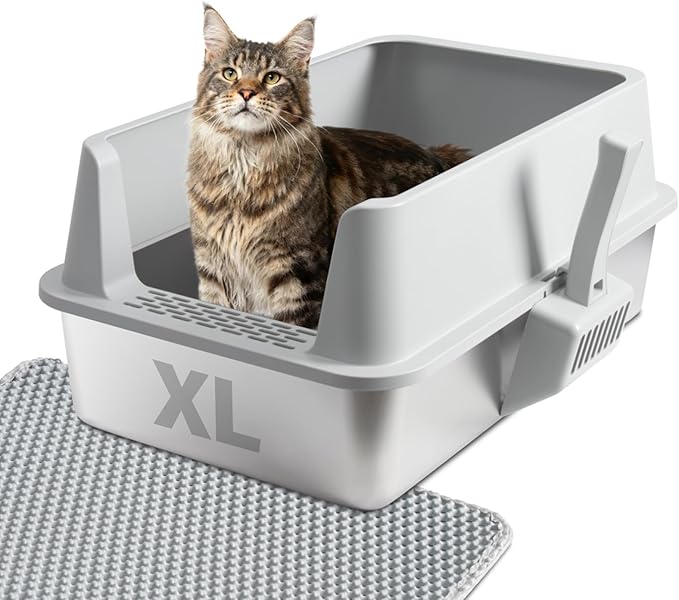 Stainless Steel Litter Box — Metal Litter Box with Lid & Mat, High-Sided, Non-Stick, Easy Clean, Odor-Free Stainless Steel Cat Litter Boxes XL for Indoor & Multiple Cats, Large Cat Litter Boxes