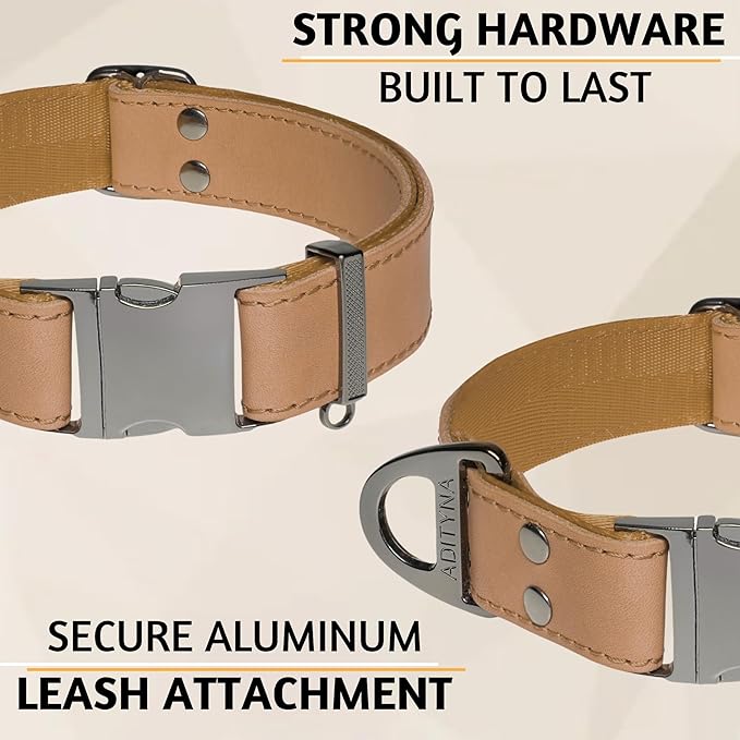 ADITYNA Leather Dog Collar with Metal Buckle - Heavy-Duty, Adjustable for Medium & Large Dogs - Walking, Training, Hiking (CamelBrown, Fits 15-21" Necks)