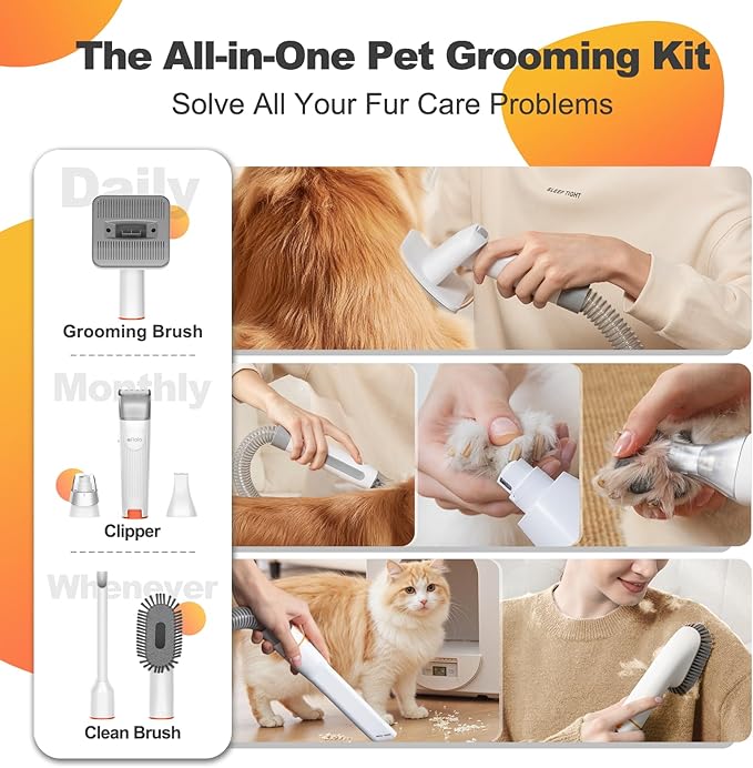Afloia 6-in-1 Dog Grooming Kit, Pet Grooming Vacuum for Shedding, Dog Hair Vacuum with Clipper Nail Trimmer Grinder, Pet Brush Groomer at Home, Low Noise Cats Hair Remover, 1.5L Dust Cup, White
