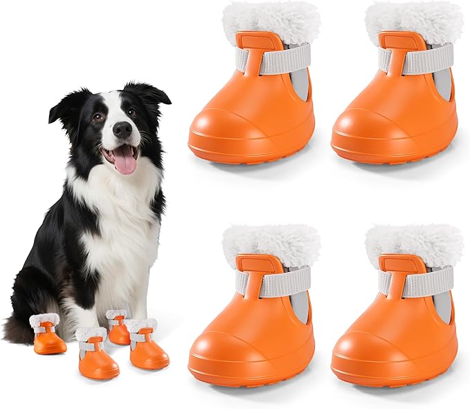 Dog Shoes for Small Medium Large Dogs,Winter Dog Snow Boots & Paw Protectors Waterproof for Cold Weather & Hard Floors,Adjustable Anti-Slip Dog Booties with Removable Wool Liner (Orange, 10)