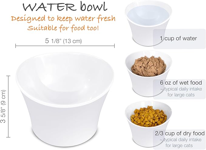 Elevated Cat Water Bowl – Shallow Raised Cat Bowl for Whisker Fatigue; Vet-Recommended Height, Food-Grade Melamine, Non-Slip & Dishwasher Safe Cats Dish - 8 oz, White