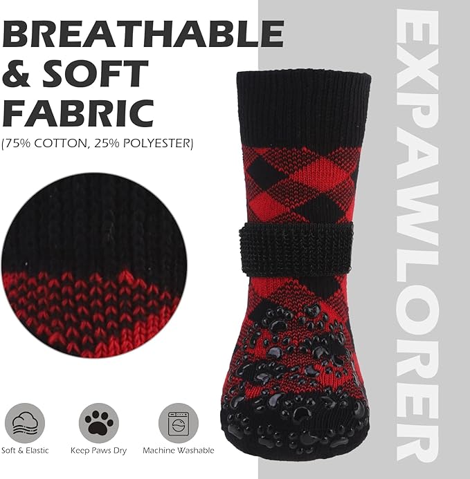 EXPAWLORER Dog Socks for Cold Winter Snow to Prevent Licking Paws, Anti Slip Doggie Booties Grippy Shoes for Hardwood Floors, Boots & Paw Protectors for Small Medium Large Senior Dogs Red Black XS