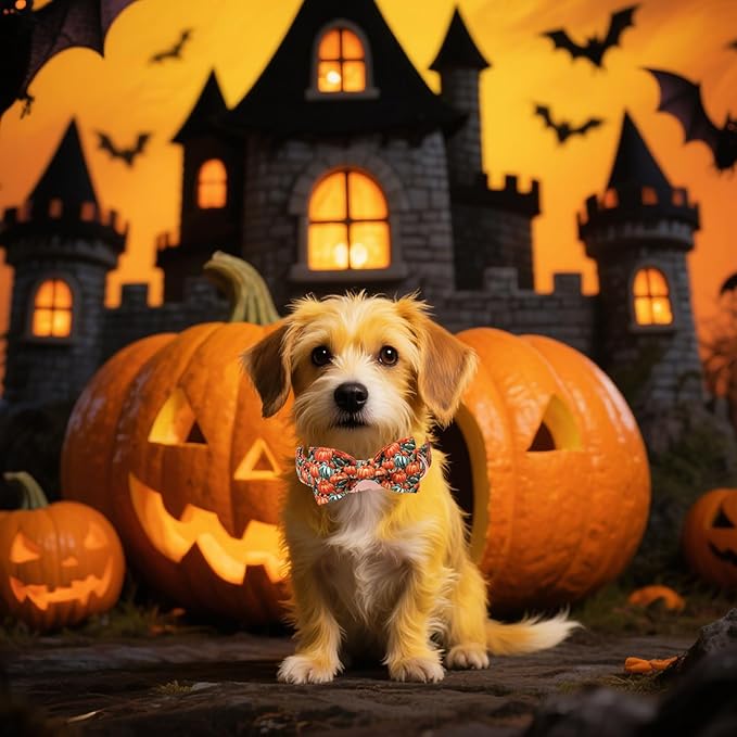 Unique style paws Cotton Dog Collar with Bow Autumn Puppy Collar with Halloween Oil Painting Pumpkin for Small Medium Large Boys Girls Dogs