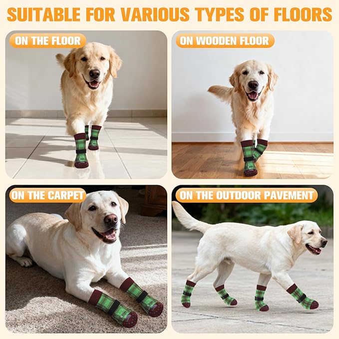 EXPAWLORER Dog Socks for Hardwood Floors, Dog Shoes for Winter, Dog Booties for Cold Pavement to Prevent Licking, Paw Protectors Strong Traction Control for Small Medium Large Dogs,Green M