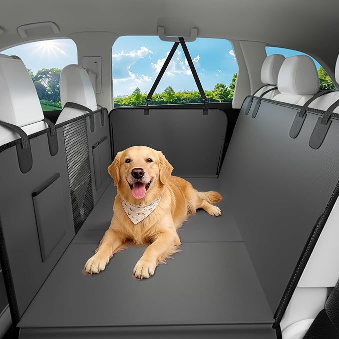 JKLESA Dog Car Seat Cover for Back Seat, 52"x65" Waterproof Hard-Bottom Hammock with Side Flaps, Heavy-Duty 450lbs, Non-Slip & Scratch-Proof PU Leather Protector for SUV, Truck & Sedan Gray