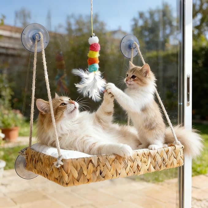 Cat Window Perch with Industrial-Grade Suction Cups and Ball Toy, Cat Window Hammock - 45 lbs Capacity, Handwoven Straw Sturdy Hanging Bed Seat Soft Cushion for Large Heavy Cats
