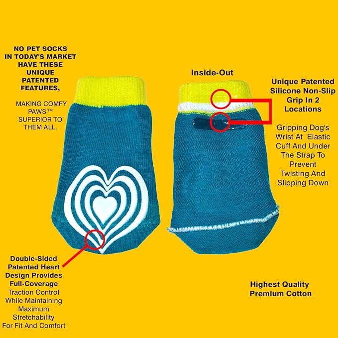 Medical Therapeutic Double Sided Non-Slip Cotton Dog Socks | PawFlex Comfy Pawz Silicone Grip on Inner Cuff No Twisting or Sliding Off | Senior & Disabled Dog Traction Control |Pet Paw Protection