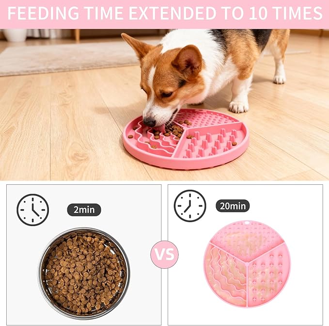 Silicone Slow Feeder Dog & Cat Bowl with Suction Cups – Non-Slip Fun Pattern for Small & Medium Dogs and Cats, Interactive Pet Enrichment Bowl, Treat Eating Feeder (Pink)