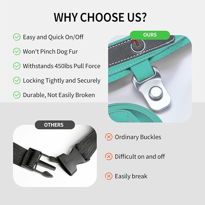 Magnetic Quick-Release Buckle Dog Harness and Leash Set, Easy Walk Faux Leather Puppy Harness, Easy On & Off Dog Vest with Handle for Medium, Large Girl Boy Dogs for Hiking Training, Teal, L