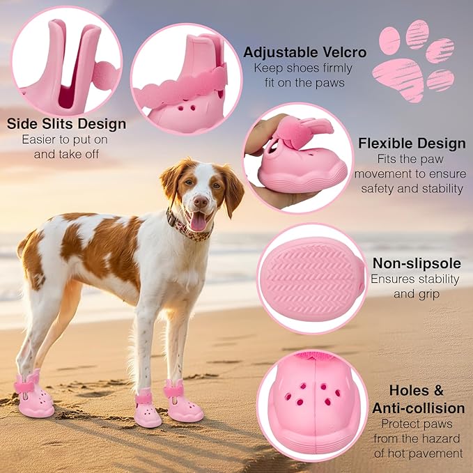 Dog Shoes for Hot Pavement and Snow – Waterproof, Non-Slip, Breathable Booties with Adjustable Straps for Hot Summer Roads & Winter Snow (Pink, L)