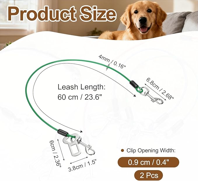 Chew Proof Dog Leash, 24 in Dog Seat Belt Harness with Double Clips Leash Extender Steel Braided Vehicle Tether, (Green, 2 Pcs), Intended for Pet Car Safety/Walking/Training