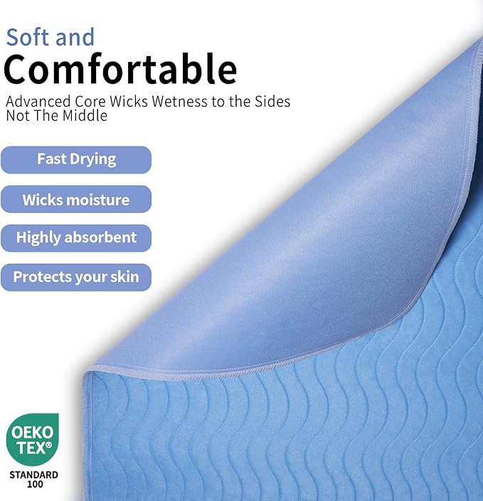 Accompagner Waterproof Reusable for Adults and Pets Washable Pee Pads for Dogs Changing Pad Large Dog Bed Size Adults Incontinence Bed Pads - Non-Slip Leak-Proof (Blue, 36"x36"(Pack of 6))