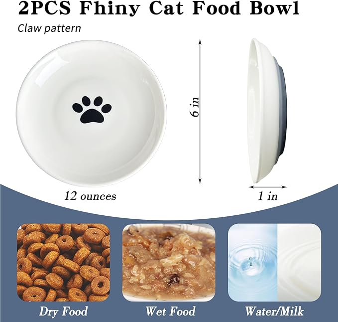 Fhiny 2PCS Cat Food Bowl,6" Ceramic Cat Dishes with Silicone Bottom Shallow Whisker Fatigue Kitten Plates Set for Indoor Cats Non-Slip Wide Kitten Pet Whisker Friendly Bowl for Wet Food Water (Claw)