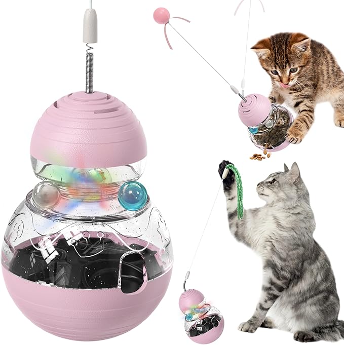 PAWpular Pets Interactive Cat Toy for Bored Indoor Cats, Tumbler Design with Teaser Wand, Cat Food Dispenser & Treat Puzzle Toy, Kitten Enrichment Toys for Mental Stimulation & Slower Eating (Pink)