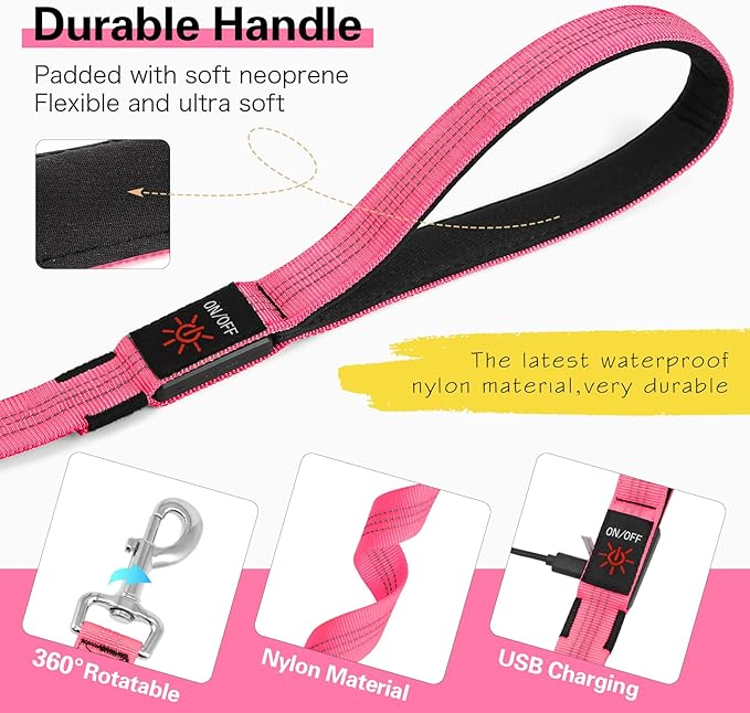 Dolitego Light Up Dog Leash, 5 Ft LED Dog Lead Rechargeable Glow in The Dark Pet Leashes Safety Dog Lights for Night Walking (Pink)