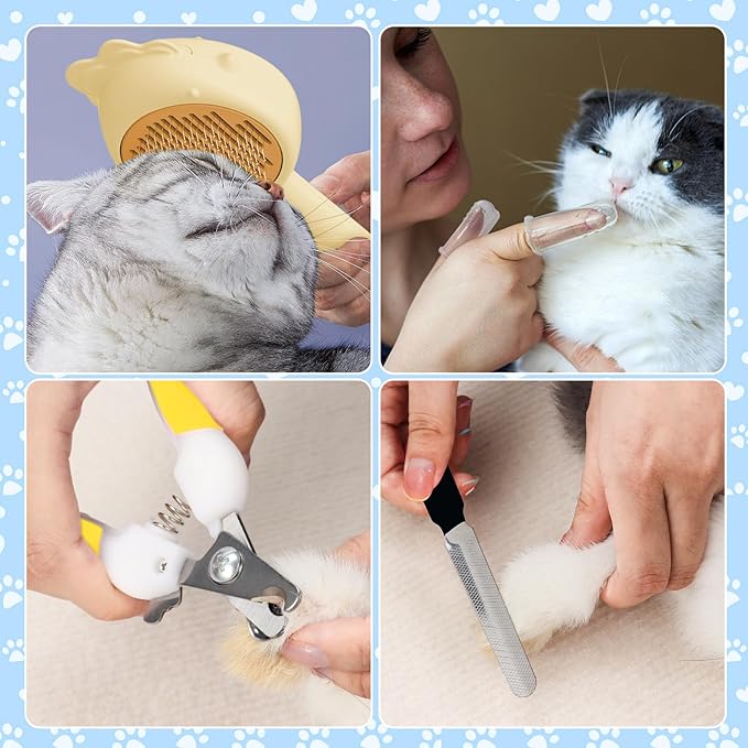 VCZONE 8 Pcs Cat Brush Grooming Kits, Pet Self Cleaning Kit with Pet Nail Clipper and File, Flea Comb, Pet Shampoo Bath Brush, Pet Shedding Brush, Silicone Toothbrush (Yellow)