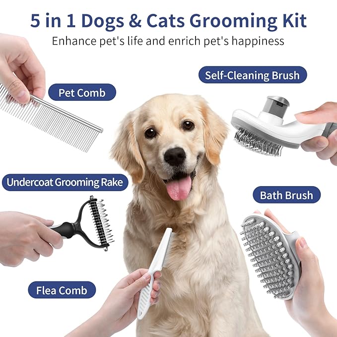 Dog Brush Grooming Kit 5 PCS - Self Cleaning Slicker Brush for Shedding Short Long Haired Dogs & Cats, Includes Pet Comb, Flea Comb, Bath Brush, Undercoat Rake - Complete Fur Care Set - Gray