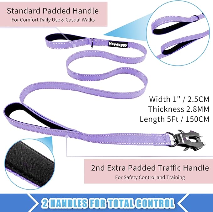 Strong Heavy Duty Dog Leash - 5ft Reflective Nylon Training Leash with Soft Padded Double Handle & Auto Lock Frog Clip, Safety Traffic Control for Large Medium Small Dogs No Pull Walk Light Purple,5ft