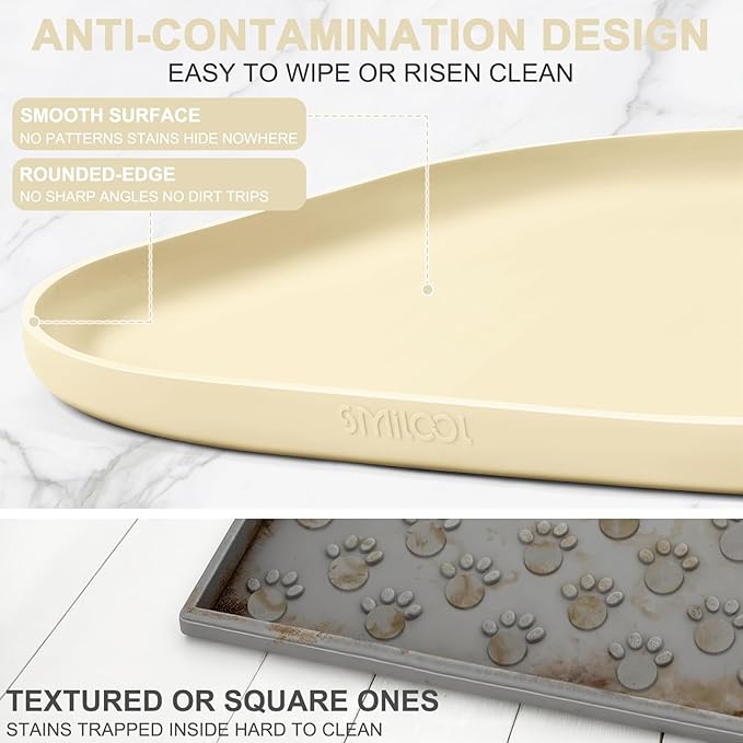 Small Silicone Pet Food Mat with Raised Edge for Food and Water Bowl, Square Dog Feeding Mats, Cat Food Trays for Floor Waterproof, Rubber Tray for Dogs and Cats, 12 x 12 x0.7 White Sand (Yellow Cast)