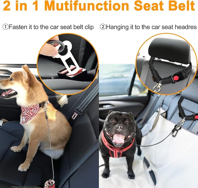 Chew Proof Dog Car Seat Belt, 2 in 1 Steel Cable Dog Car Accessories Headrest Restraint Dogs Car Seatbelt for Medium Large Dogs Chewer Heavy Duty Dog Seatbelts for Cars Swivel Attach