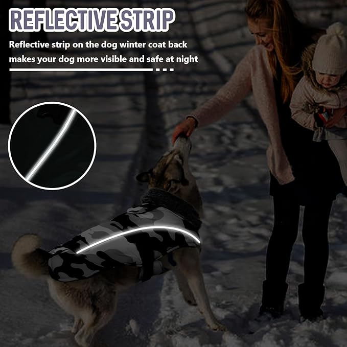 DENTRUN Medium Dog Winter Jacket - Warm Reflective Windproof Coat, Adjustable Neck & Snap Closure, Water Repellent Thick Fleece Vest, Fleece Lined for Beagle Pug, White Camo, M
