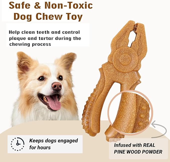 Dog Chew Toys, Aggressive chewer toy for Medium& Large dogs, Made of real pine wood and durable Food-Grade nylon, with Tool Shape Design for Dental Cleaning and Long-Lasting Chewing (brown-Pliers)