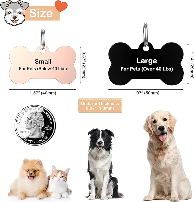 Dog Tags Stainless Steel Pet Tags Personalized Double-Sided Engraved Dog and Cat Tags Custom Pet Name ID Tag, Various Design Options (Bone)