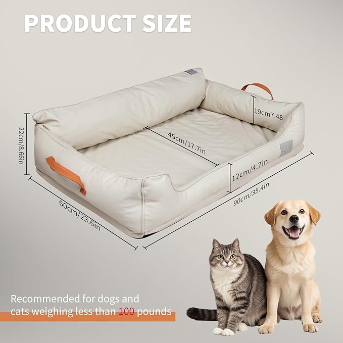 Waterproof Leather Memory Foam Dog Sofa Bed, Removable Orthopedic Dog Beds for Large Dogs, Durable Dogs Bed Couch with Non Skid Bottom for Different Pet Sizes (Beige, Large)