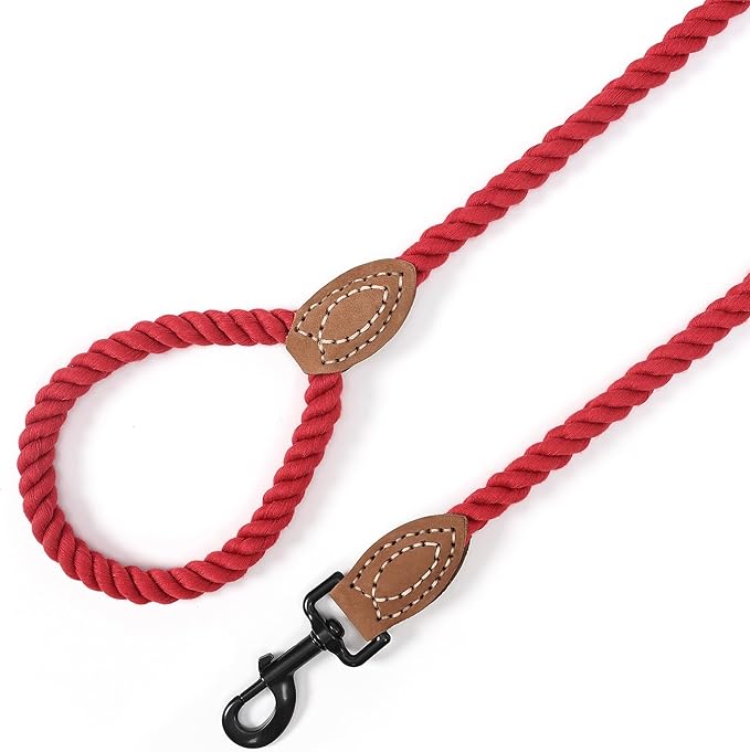 Mile High Life Dog Leash, Braided Cotton Rope Leashes with Leather Tip - Heavy Duty Metal Clasp, 4FT, 1/2" Thick - Wedding, Walking & Training Leash for Small Medium Large Dogs (Red)