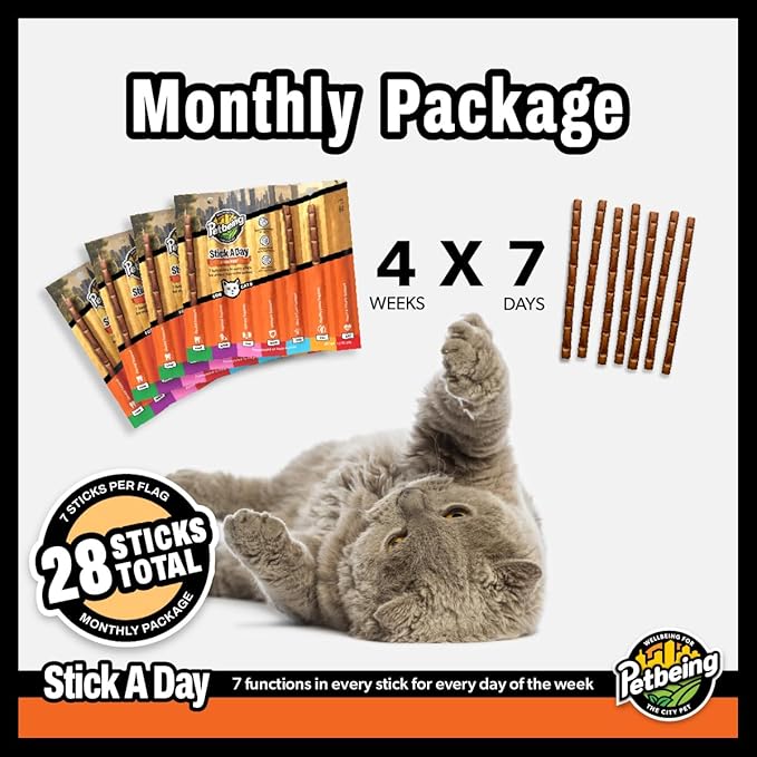 PETBEING Stick a Day Cats | Specially Formulated 7-in-1 Functions Daily Real Meat Supplement for Cats | Cat Chew Stick & Pet Vitamins Supplements Combination (7-Pack x 4, Chicken)