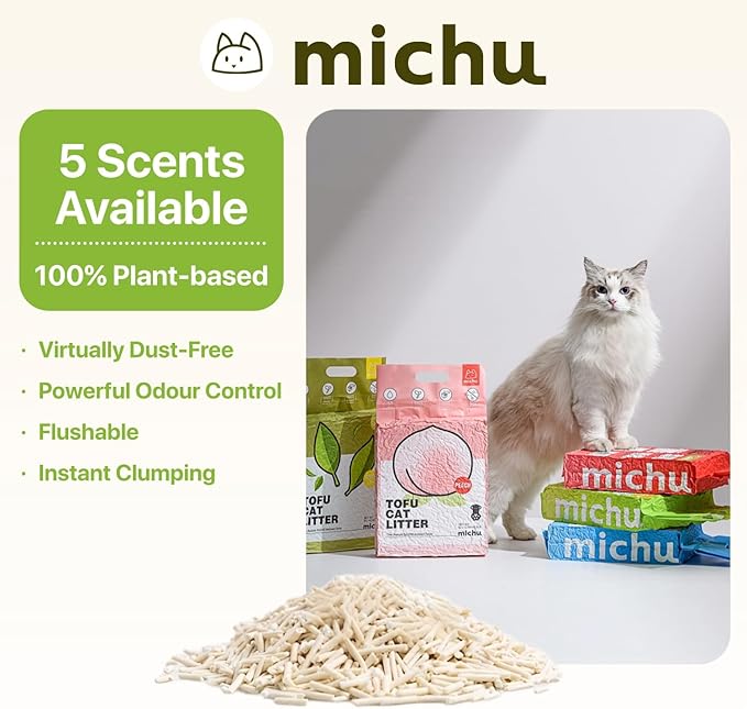 Michu Tofu Cat Litter Natural Clumping Tofu Cat Litter, Fast Clumping and Easily Scoop-able 5.5lb/88oz 5 Scents - Original + Greentea, 2 Pack