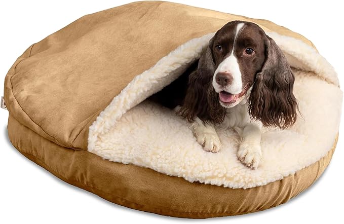 Snoozer Cozy Cave Dog Bed - Indoor Dog Bed with Cover Cave, Covered Calming Burrow for Small & Medium Sized Pets with Blanket Attached, Enclosed, Removable Washable Cover - Large, Camel