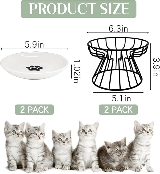 BNOSDM 2 Pcs Raised Cat Food Bowls, Shallow Ceramic Cat Dishes with Metal Stands Elevated Pet Feeder Dry/Wet Food for Indoor Kitten Kitty