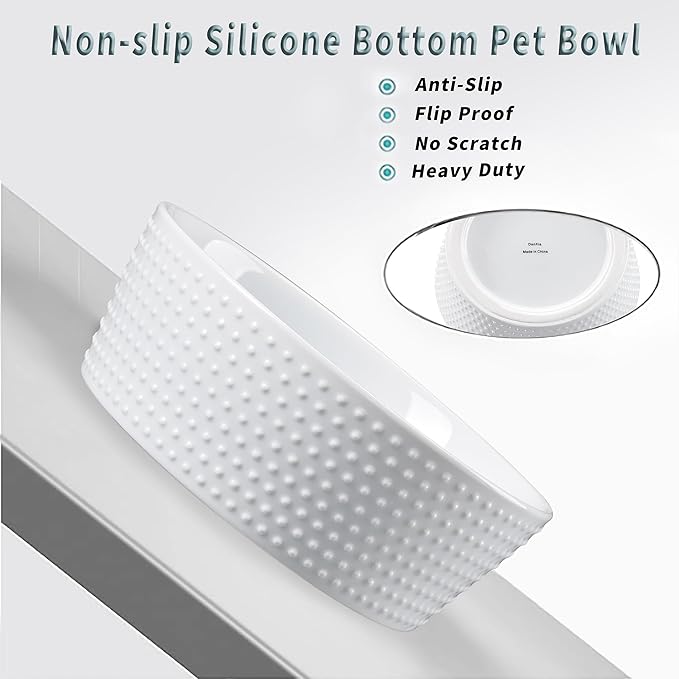 6.9" Non-Slip Ceramic Dog Bowl, 33 Oz Heavy-Duty Dog Food/Water Dish, Pet Feeding Bowl for Small and Medium Dogs, Food Grade Porcelain Pet Feeder Bowl, Microwave and Dishwasher Safe, White