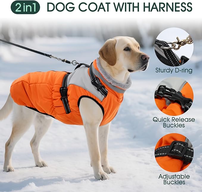 Kuoser Dog Coat, 2 in 1 Dog Jacket with Harness Built in, Winter Waterproof Puppy Puffer Jacket Snowsuit for Small Medium Large Dogs, Cold Weather Reflective Pet Fleece Hunting Vest with Zipper
