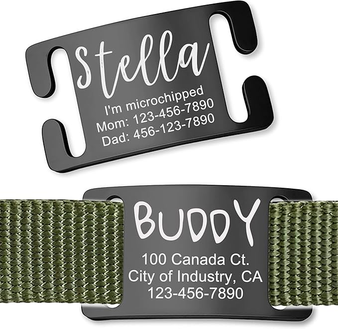 Anavia Slide On Silent Pet ID Tags, S/M/L/XL Personalized Gold Black Stainless Steel Customized Engraved Cat Dog Name Tags, Glossy Finish Chew-Proof Quiet Dog Collar Tag (Medium, Black)