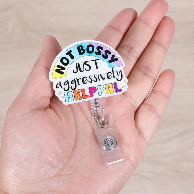 Not Bossy Just Aggressively Helpful Funny Nurse Badge Reel, Cute Retractable ID Badge Holder, Name Tag Badge Buddy for RN LPN CNA MA SW PSS CVS Nursing Students Doctor Social Workers, Nurse Gifts