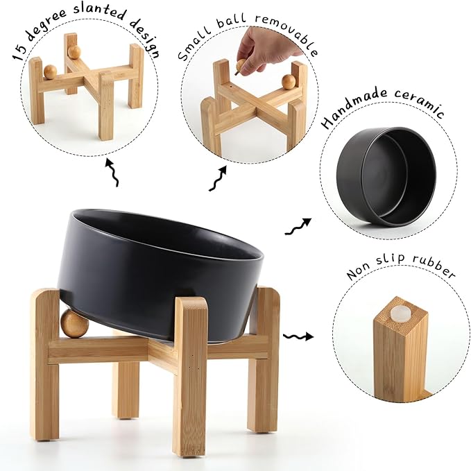 Petygooing Black Raised/Elevated 15°Slanted Ceramic Dog Bowl for Small Breeds,Tilted Anti Slip Pet Feeding Bowl,Food Water Dish with Stand for Cats and Small Dogs Puppy 13.5 OZ (5.1In / 1.7 Cups)