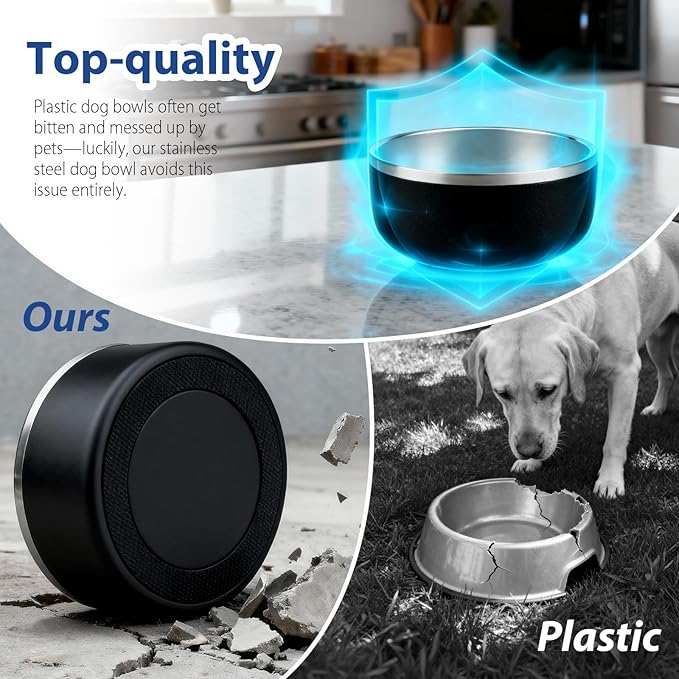 Dog Bowl, Stainless Steel Dog Bowls for Food and Water, Metal Pet Feeding Bowl with Insulated Non-Slip Quiet Bottom, Easy to Clean, Dishwasher Safe, 32oz,4 Cup | Black