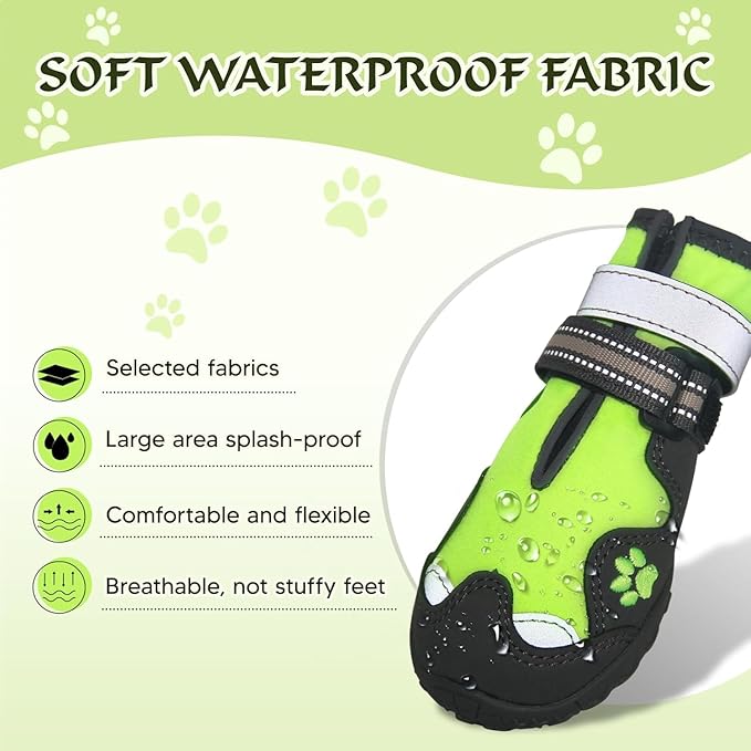 Dog Shoes for Large Dogs, 360°Anti Slip Medium Dog Boots & Paw Protectors Winter Snowy, Waterproof 4Pcs Dog Booties with Reflective Strips (Size 3: 1.97''x2.48''(W*L), Green)