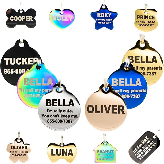 Engraved Dog Tags Personalized - Stainless Steel Engraved Dog Cat ID Tags Front & Back up to 8 Lines of Text Color Plating Gold, Rose Gold, Blue, Black, Nebula Round Regular