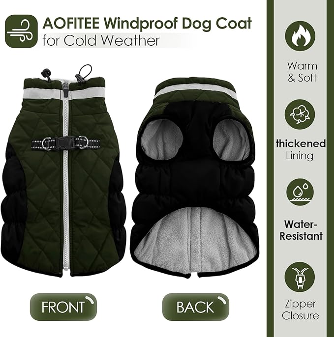 AOFITEE Dog Coat, Warm Dog Winter Coat for Large Dogs, Reflective Turtleneck Dogs Jacket with Harness Built in, Waterproof Windproof Pet Puffer Jacket Fleece Vest for Cold Weather, Green XXXL
