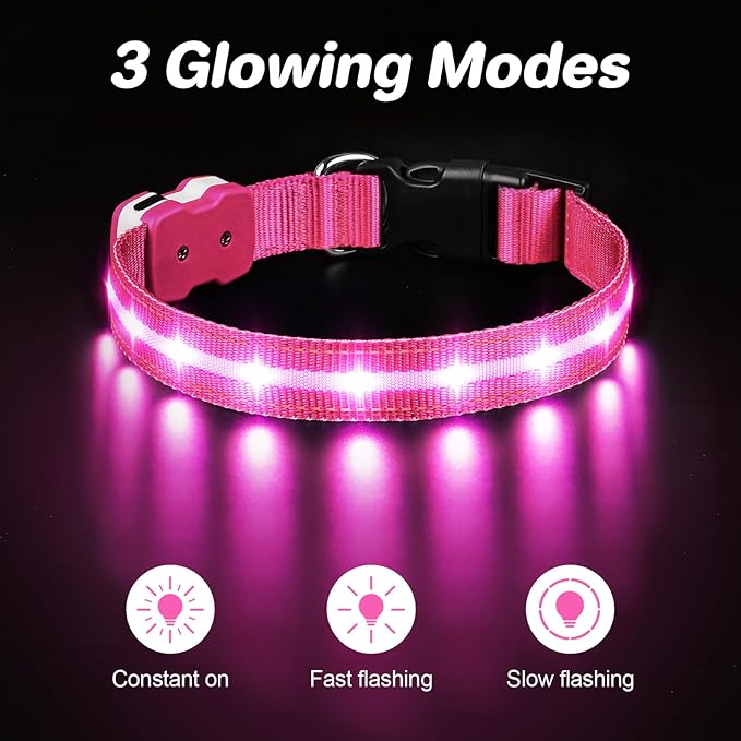 PcEoTllar Light Up Dog Collars, Led Dog Collar, Rechargeable, Night Walking, Waterproof, Glow in The Dark Dog Collars Light for Large Small Medium Dogs, Pink s