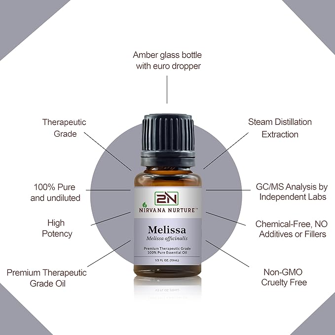 Nirvana Nurture Melissa Essential Oil 100% Pure Premium Therapeutic Grade, Undiluted - Aromatherapy Diffuser for Calm and Relaxation, Skin Care, Hair Care