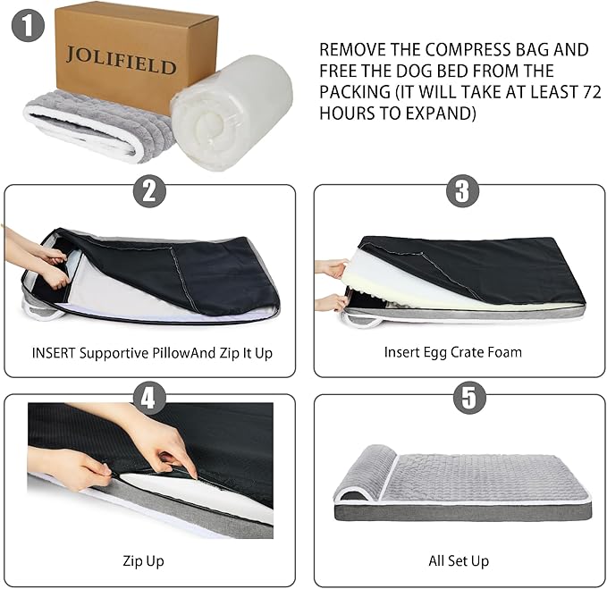 Orthopedic XL Dog Bed Large Sized Dog with Pillow 48''X30'', Waterproof Soft Comfortable Egg Crate Foam Pet Crate Beds Mat with Removable Washable Cover and Non-Slip Bottom, Taupe