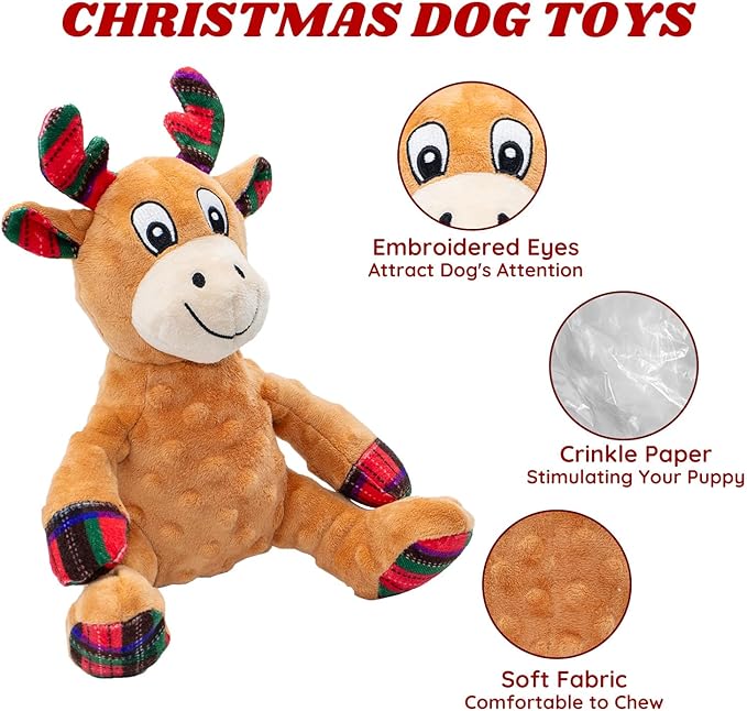 Dog Toys Squeaky Interactive Puppy Teething Chew Toy Deer Shape Stuffed PP Cotton Crinkle Sound Paper Tail, for Large Medium Small Breeds Indoor Outdoor Play，Christmas